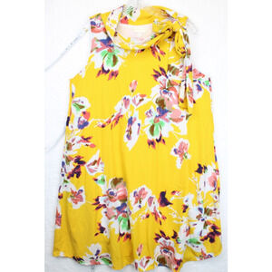 Seven Island Short Dress Tie Neck Sleeveless Floral Women L Yellow Summer Flowy